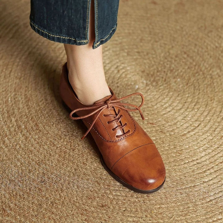 Dames Leren Veterschoenen Oxford Platte Cap Toe