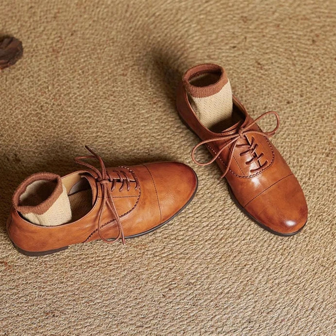 Dames Leren Veterschoenen Oxford Platte Cap Toe