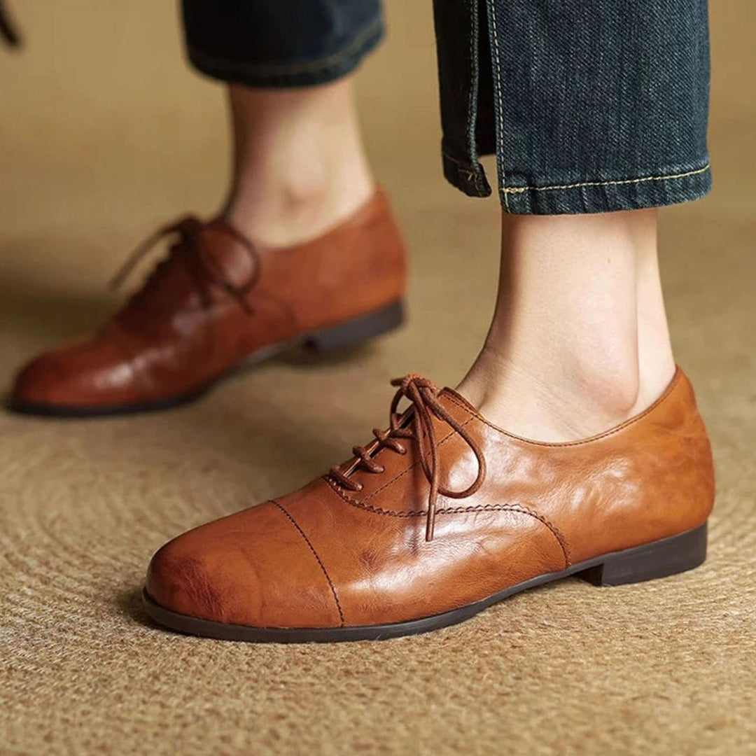 Dames Leren Veterschoenen Oxford Platte Cap Toe