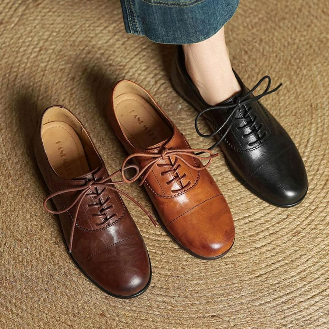 Dames Leren Veterschoenen Oxford Platte Cap Toe - Bruin