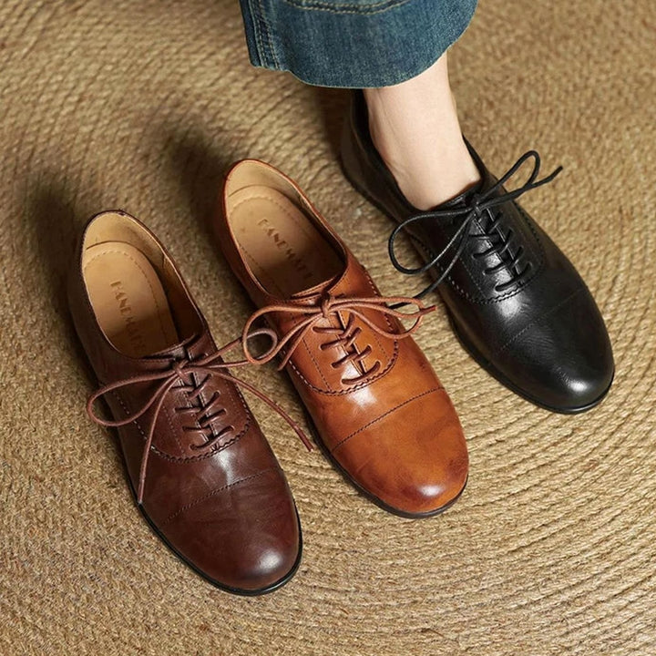 Dames Leren Veterschoenen Oxford Platte Cap Toe - Bruin