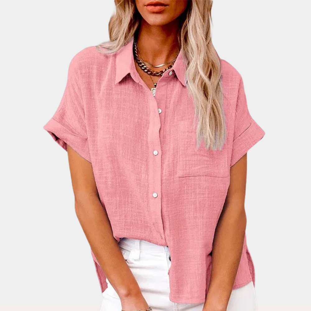 Dames Lichtgewicht Korte Mouwen Button-Front Blouse - Pink