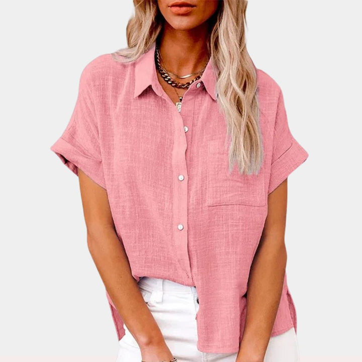 Dames Lichtgewicht Korte Mouwen Button-Front Blouse - Pink