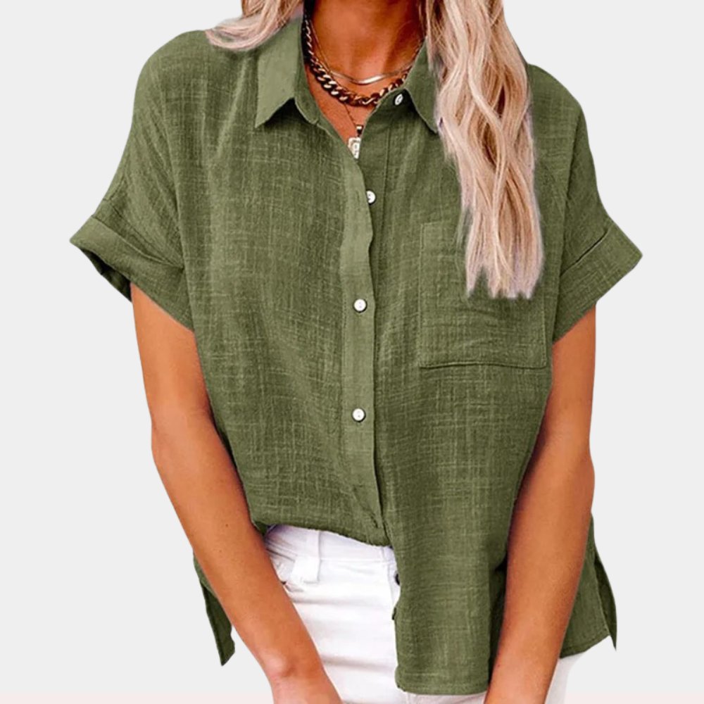 Dames Lichtgewicht Korte Mouwen Button-Front Blouse - Green