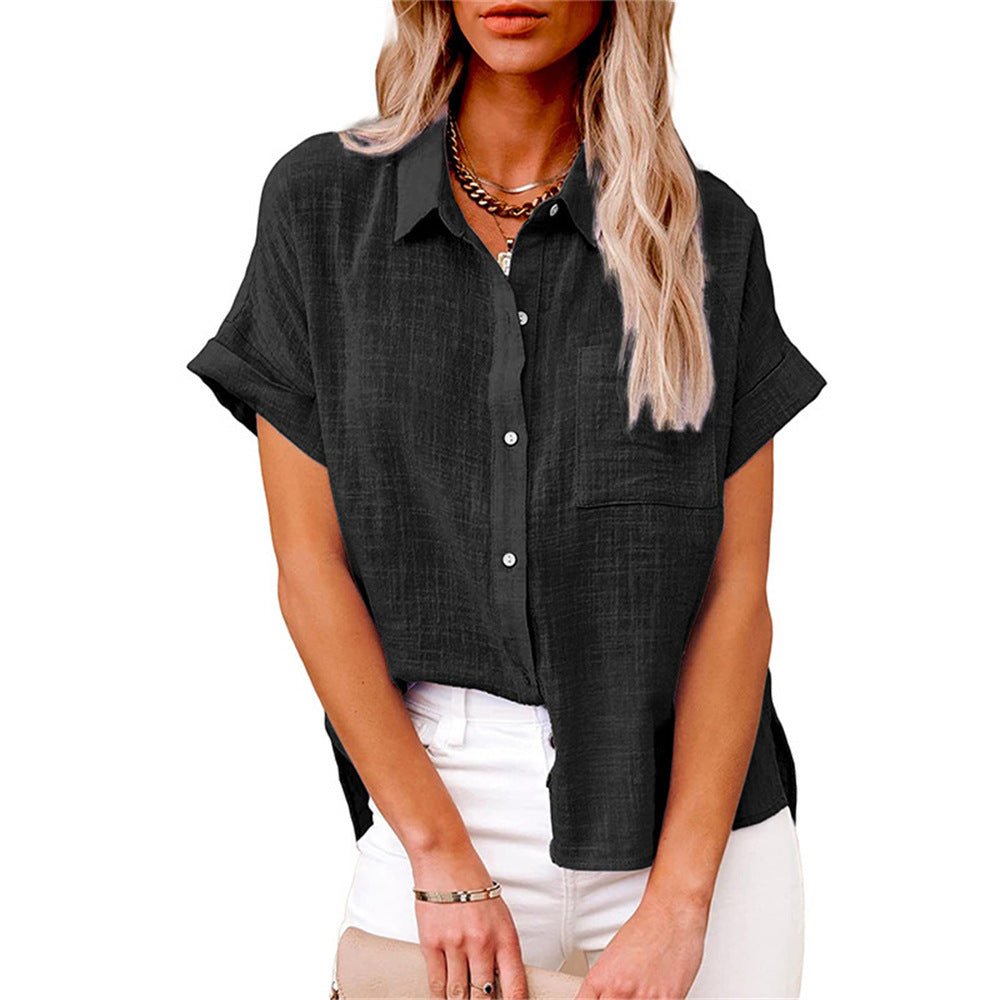Dames Lichtgewicht Korte Mouwen Button-Front Blouse - Black