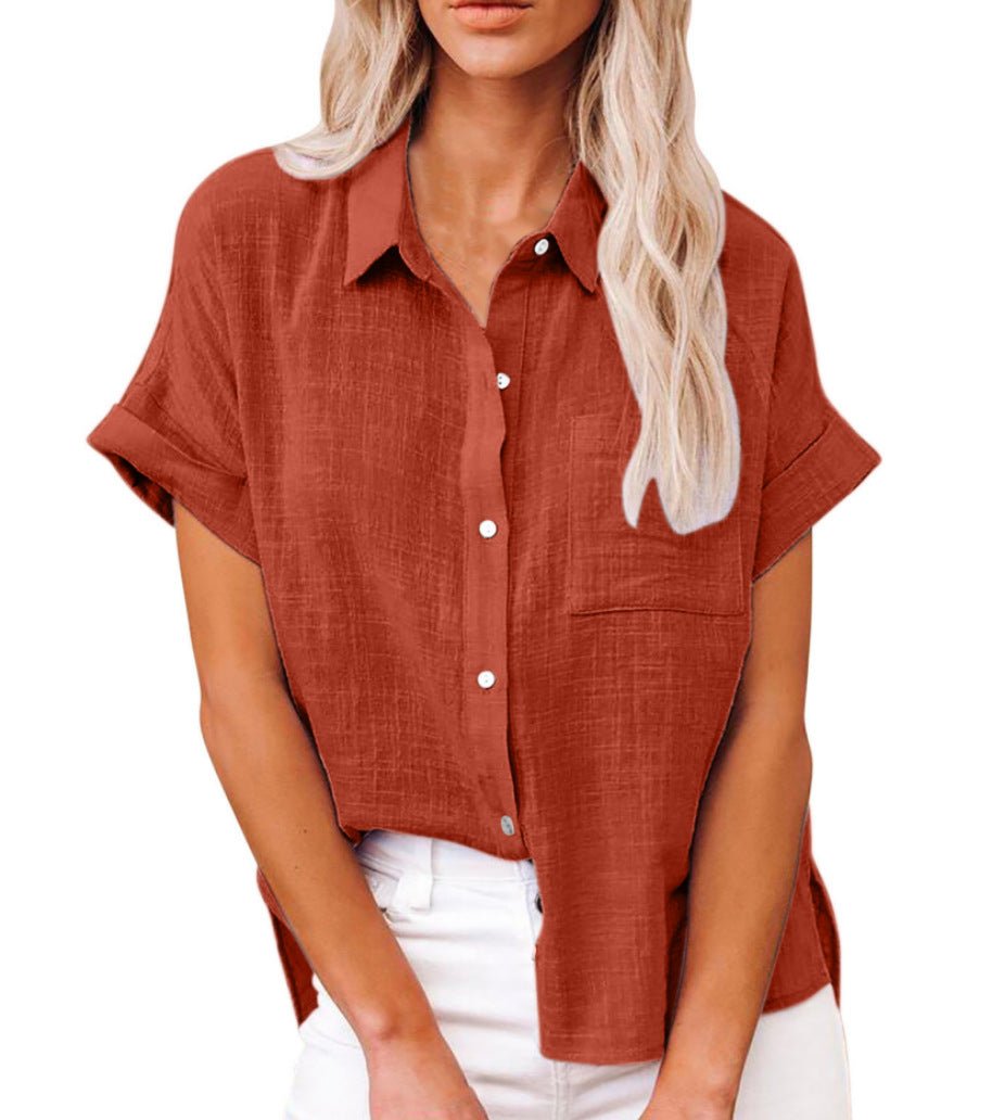 Dames Lichtgewicht Korte Mouwen Button-Front Blouse - Red