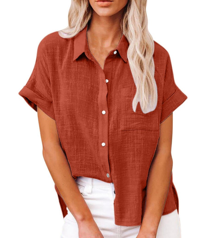 Dames Lichtgewicht Korte Mouwen Button-Front Blouse - Red
