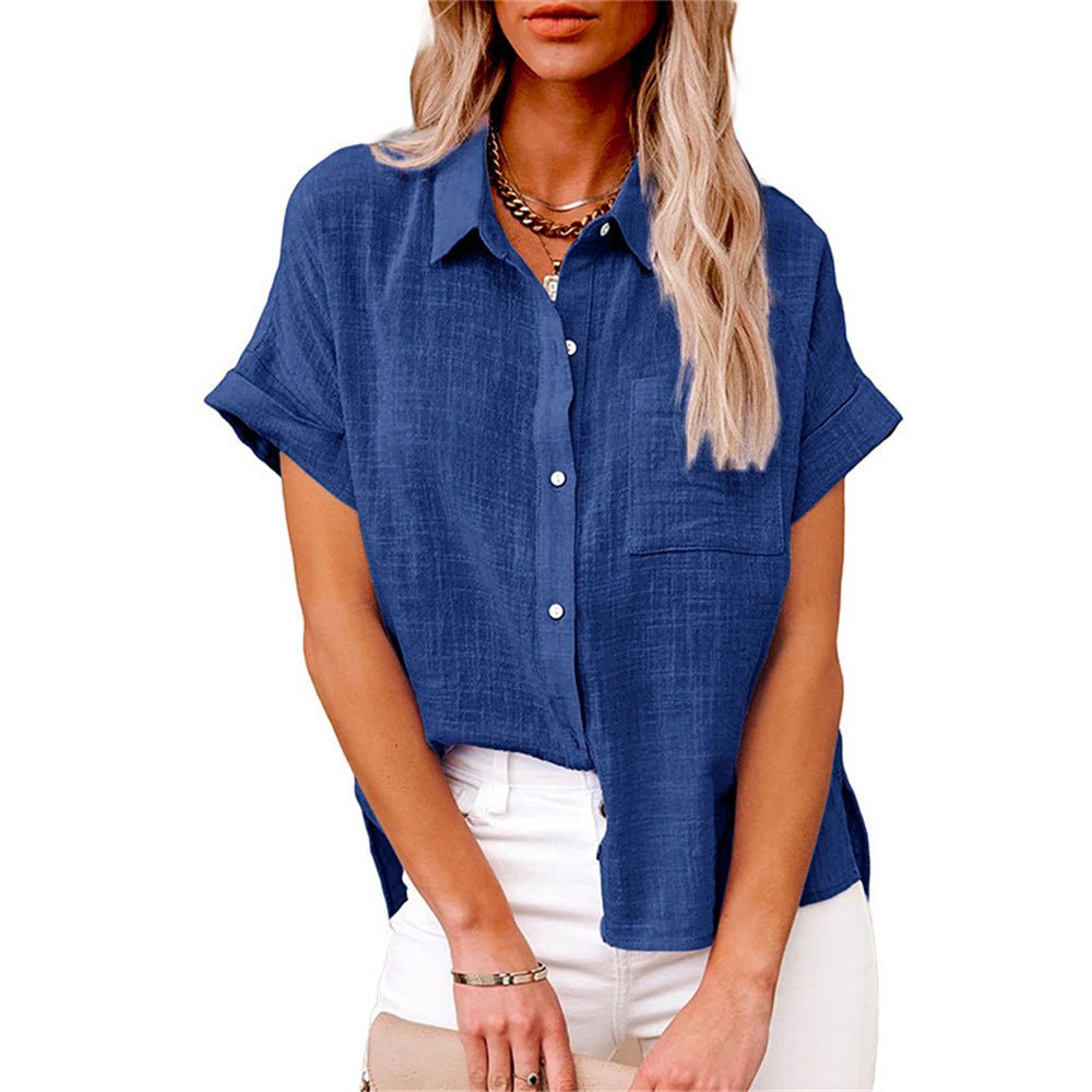 Dames Lichtgewicht Korte Mouwen Button-Front Blouse - Royal Blue