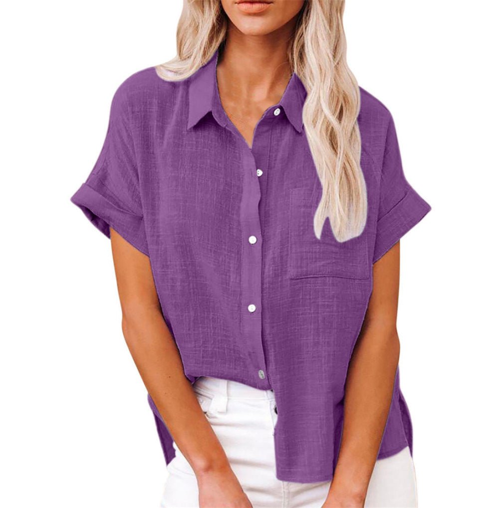 Dames Lichtgewicht Korte Mouwen Button-Front Blouse - Purple