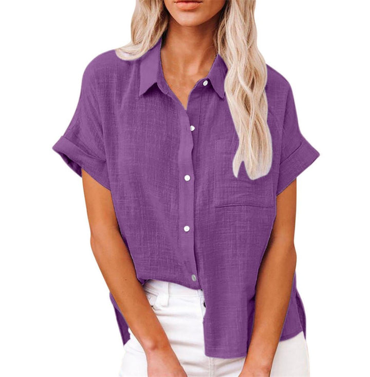 Dames Lichtgewicht Korte Mouwen Button-Front Blouse - Purple