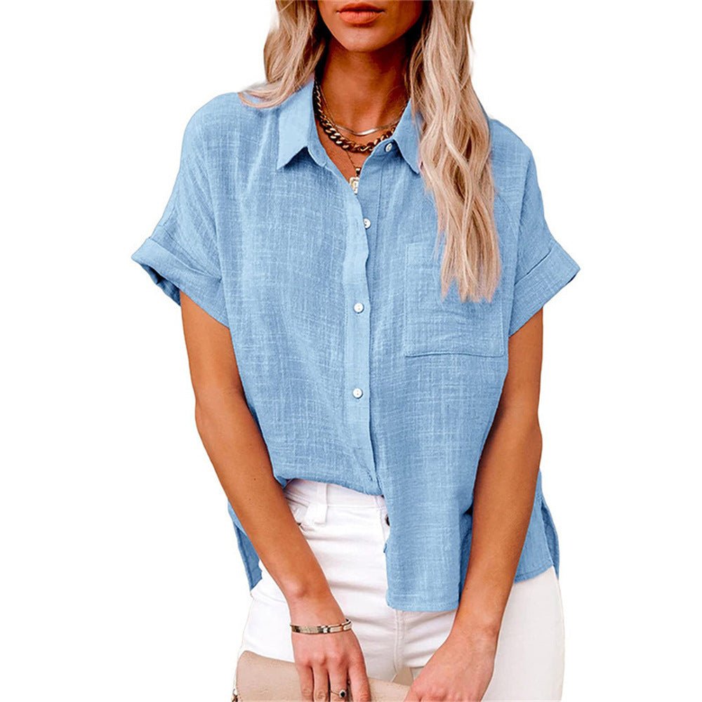 Dames Lichtgewicht Korte Mouwen Button-Front Blouse - Light Blue