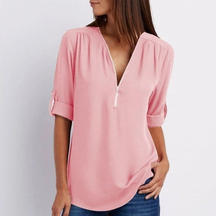 Dames Lichtgewicht V-hals Blouse Oprolbare Mouwen Rits - Pink