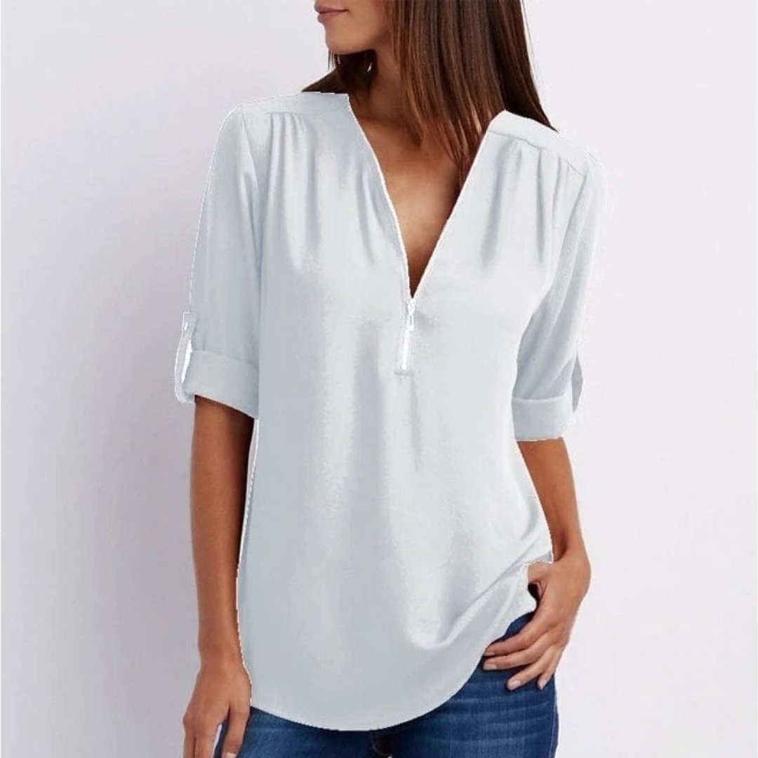 Dames Lichtgewicht V-hals Blouse Oprolbare Mouwen Rits - White