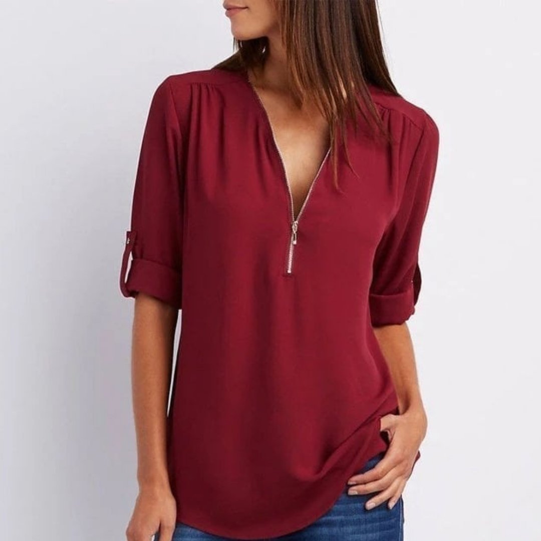Dames Lichtgewicht V-hals Blouse Oprolbare Mouwen Rits - Dark Red