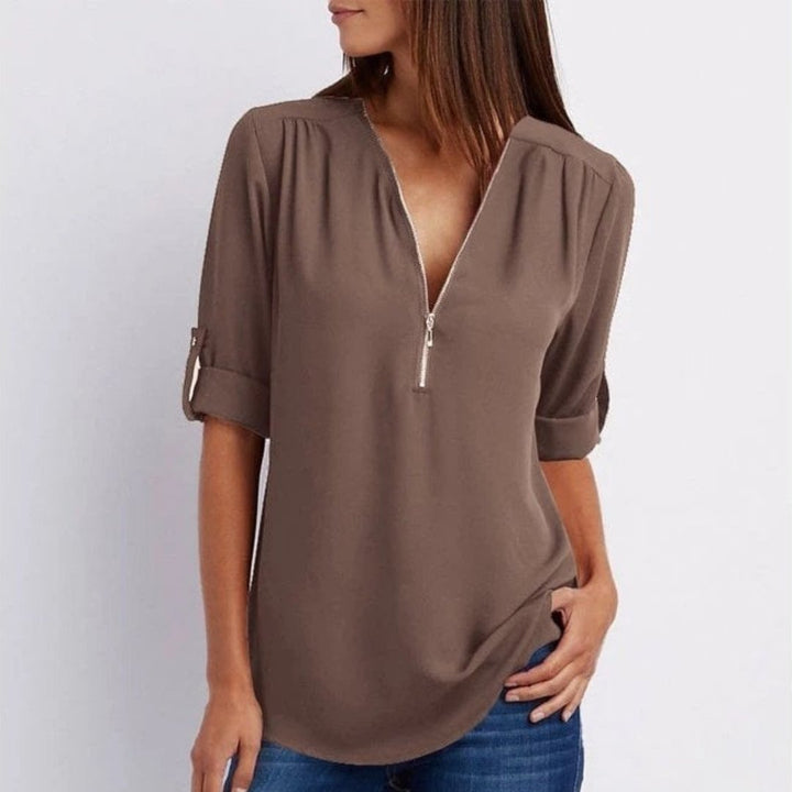Dames Lichtgewicht V-hals Blouse Oprolbare Mouwen Rits - Mocha