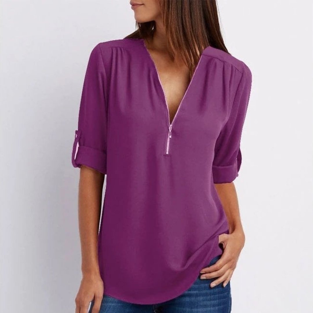 Dames Lichtgewicht V-hals Blouse Oprolbare Mouwen Rits - Purple