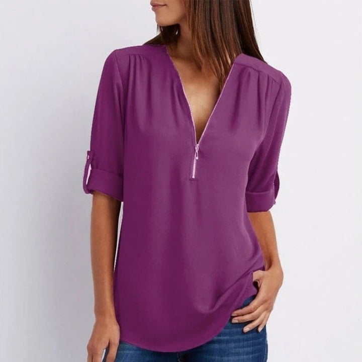 Dames Lichtgewicht V-hals Blouse Oprolbare Mouwen Rits - Purple