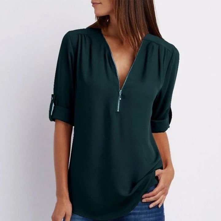 Dames Lichtgewicht V-hals Blouse Oprolbare Mouwen Rits - Dark Green