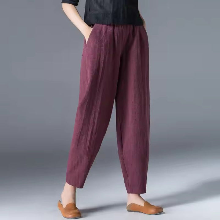 Dames Lichtgewicht Zomer Elastische Taille Broek - Burgundy