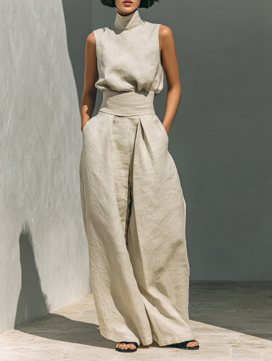 Dames Linen Blend Mouwloze Col Top Wide-Leg Broek Set - Khaki
