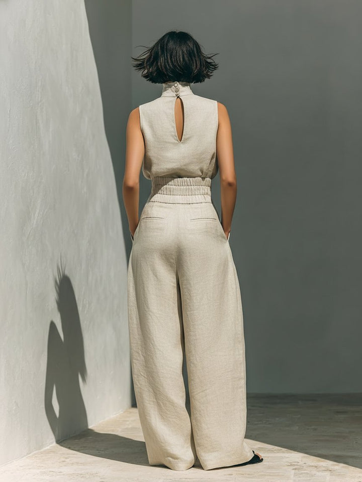 Dames Linen Blend Mouwloze Col Top Wide-Leg Broek Set