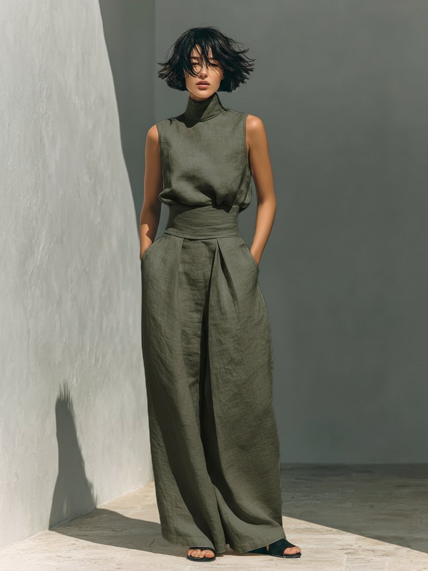 Dames Linen Blend Mouwloze Col Top Wide-Leg Broek Set - Army Green