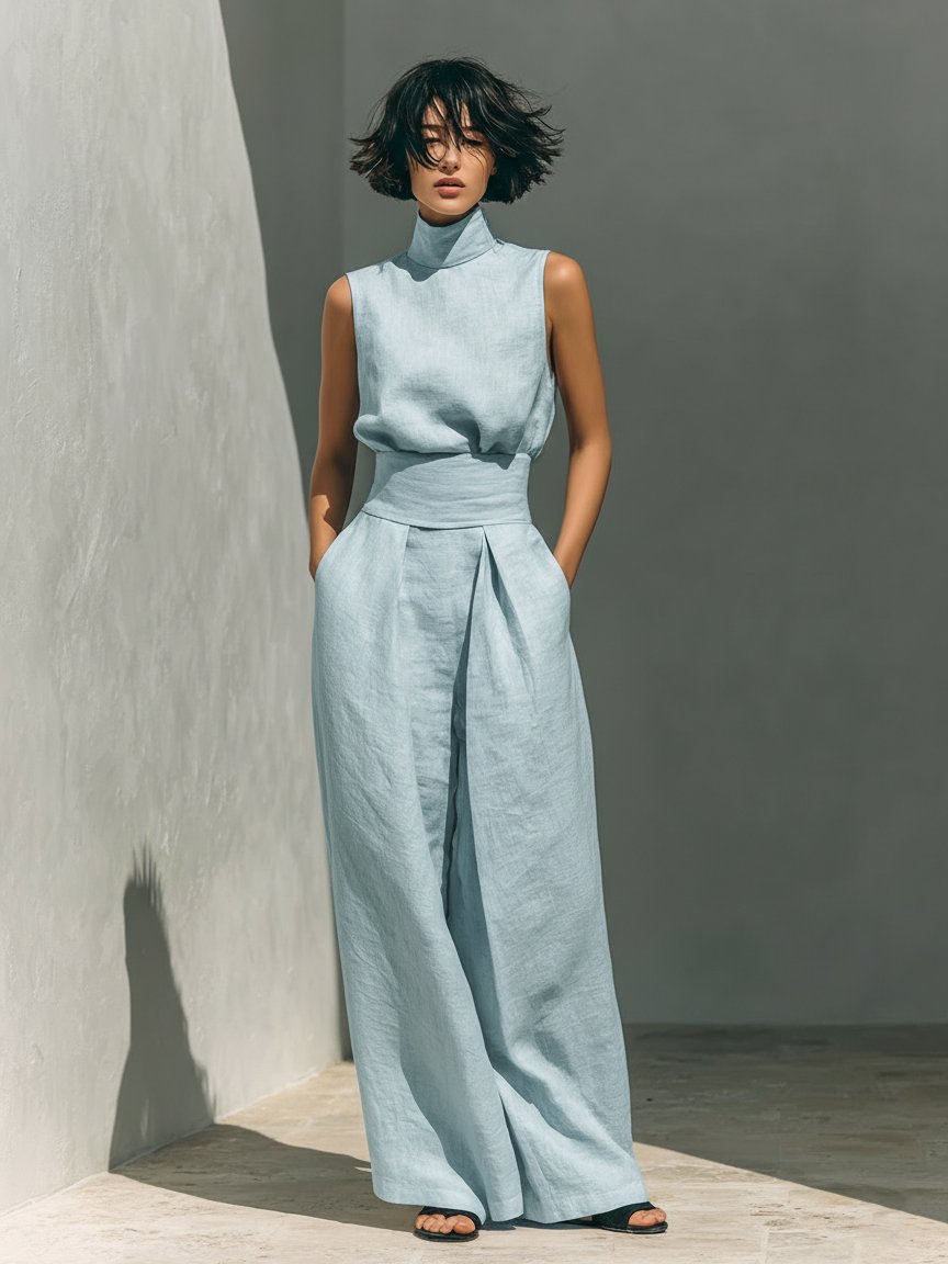 Dames Linen Blend Mouwloze Col Top Wide-Leg Broek Set - Light Blue