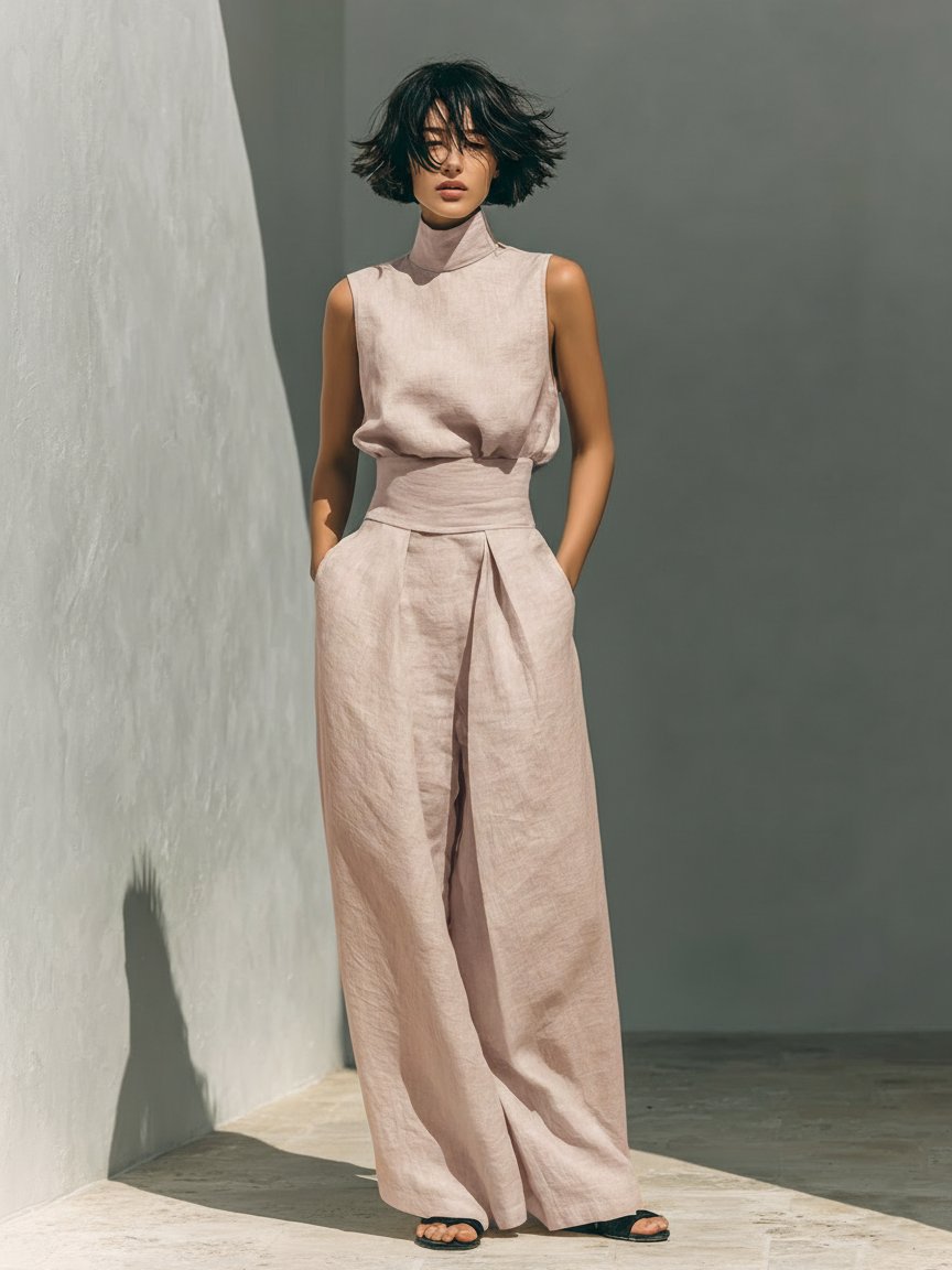 Dames Linen Blend Mouwloze Col Top Wide-Leg Broek Set - Light Pink