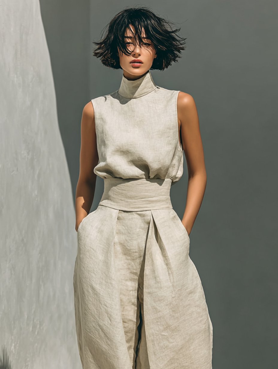 Dames Linen Blend Mouwloze Col Top Wide-Leg Broek Set
