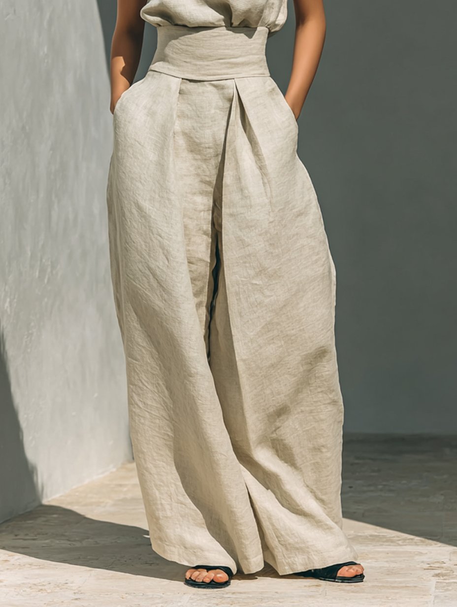 Dames Linen Blend Mouwloze Col Top Wide-Leg Broek Set