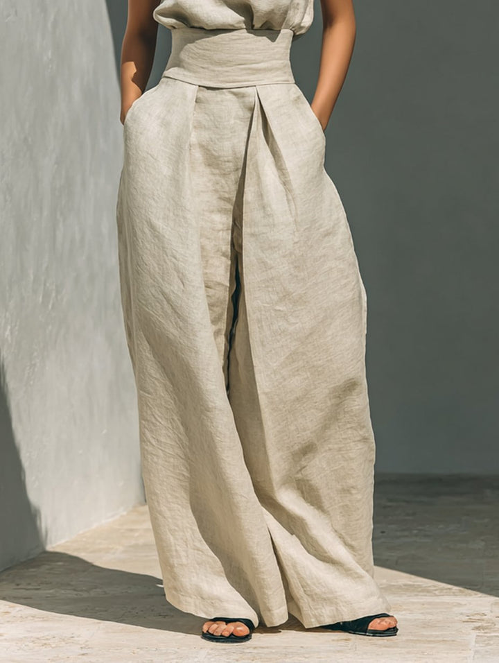 Dames Linen Blend Mouwloze Col Top Wide-Leg Broek Set