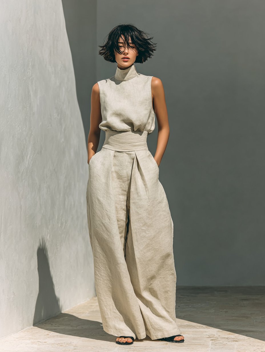 Dames Linen Blend Mouwloze Col Top Wide-Leg Broek Set