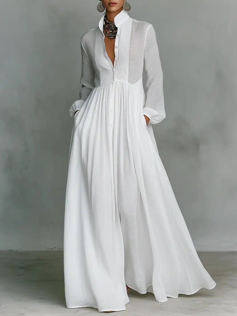 Dames Linen Katoenmix Maxi Jurk Staande Kraag Knoopsluiting - White