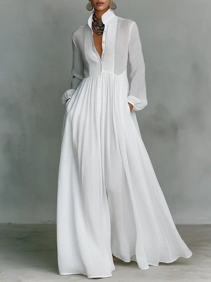 Dames Linen Katoenmix Maxi Jurk Staande Kraag Knoopsluiting - White
