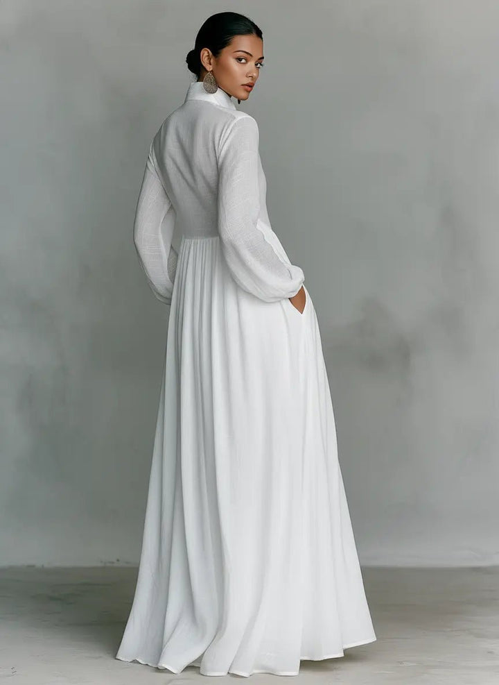 Dames Linen Katoenmix Maxi Jurk Staande Kraag Knoopsluiting