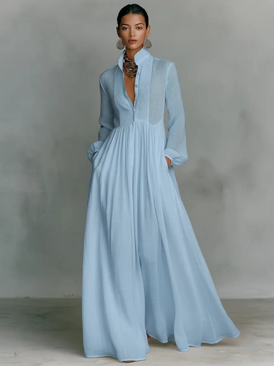 Dames Linen Katoenmix Maxi Jurk Staande Kraag Knoopsluiting - Blue