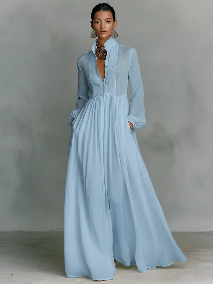 Dames Linen Katoenmix Maxi Jurk Staande Kraag Knoopsluiting - Blue
