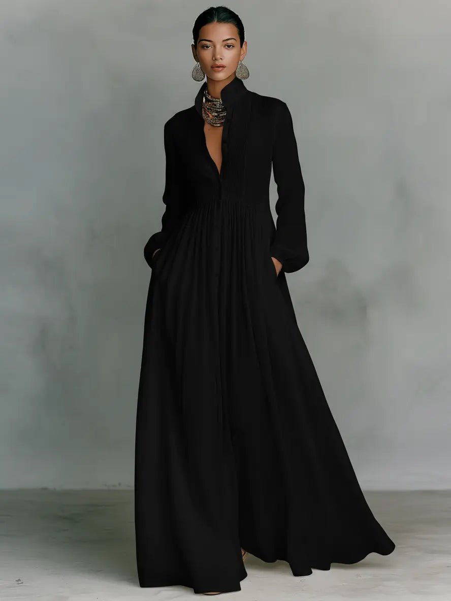 Dames Linen Katoenmix Maxi Jurk Staande Kraag Knoopsluiting - Black