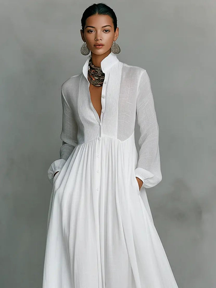 Dames Linen Katoenmix Maxi Jurk Staande Kraag Knoopsluiting