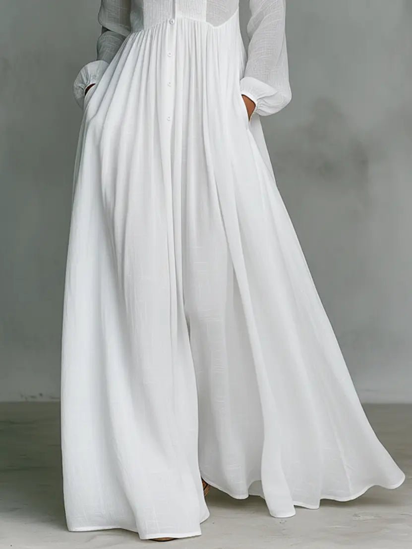 Dames Linen Katoenmix Maxi Jurk Staande Kraag Knoopsluiting