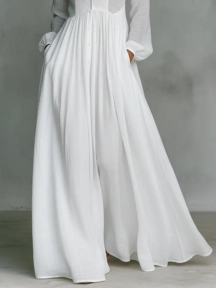 Dames Linen Katoenmix Maxi Jurk Staande Kraag Knoopsluiting