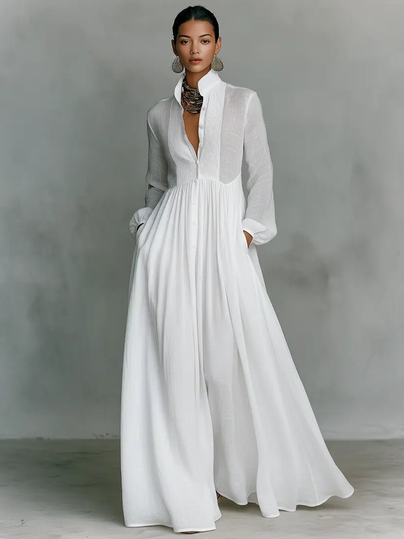 Dames Linen Katoenmix Maxi Jurk Staande Kraag Knoopsluiting