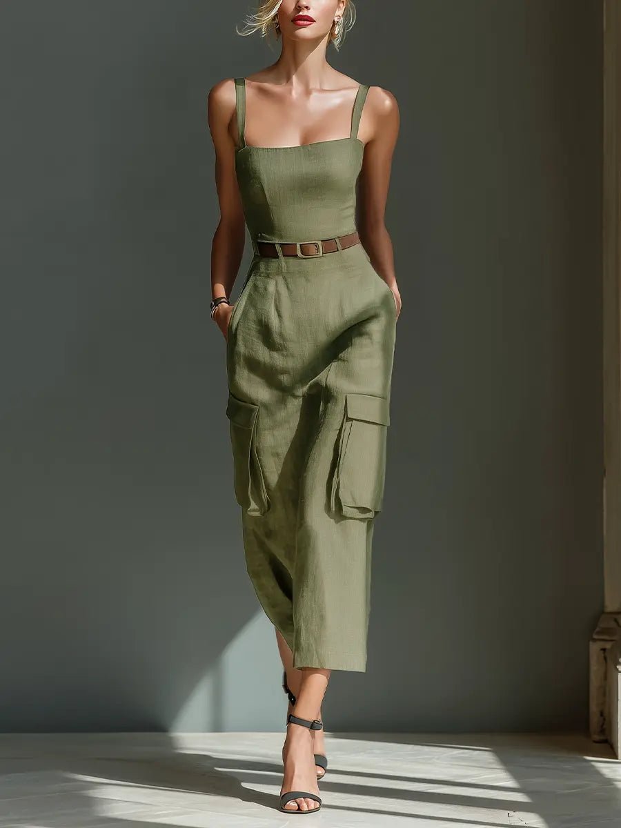 Dames Linen Midi Jurk met Cargo Zakken en Riem - Olive Green