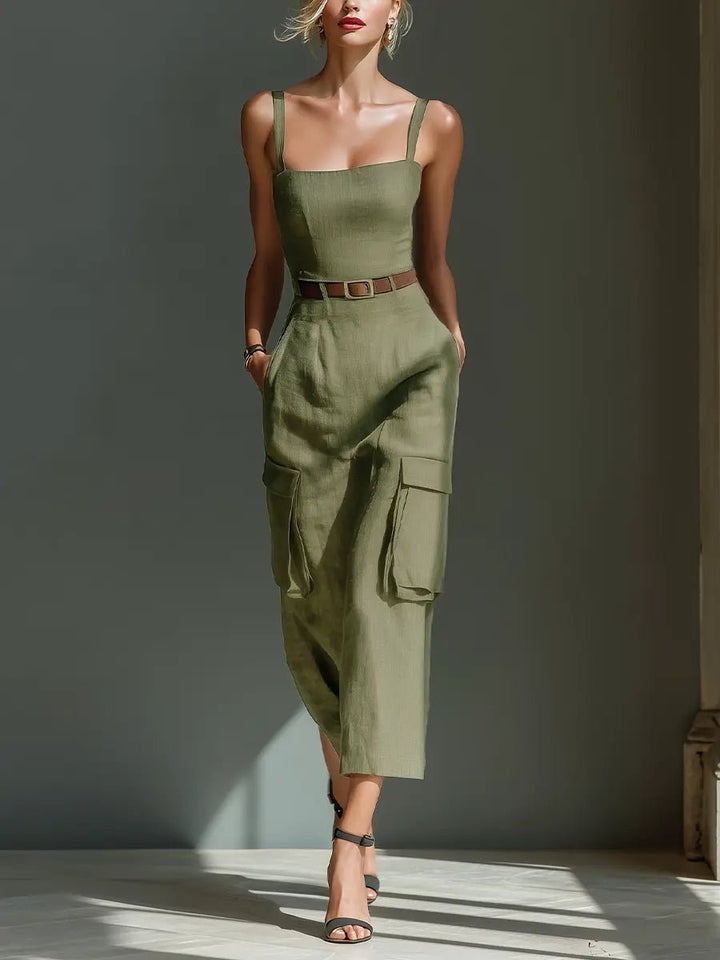 Dames Linen Midi Jurk met Cargo Zakken en Riem - Olive Green