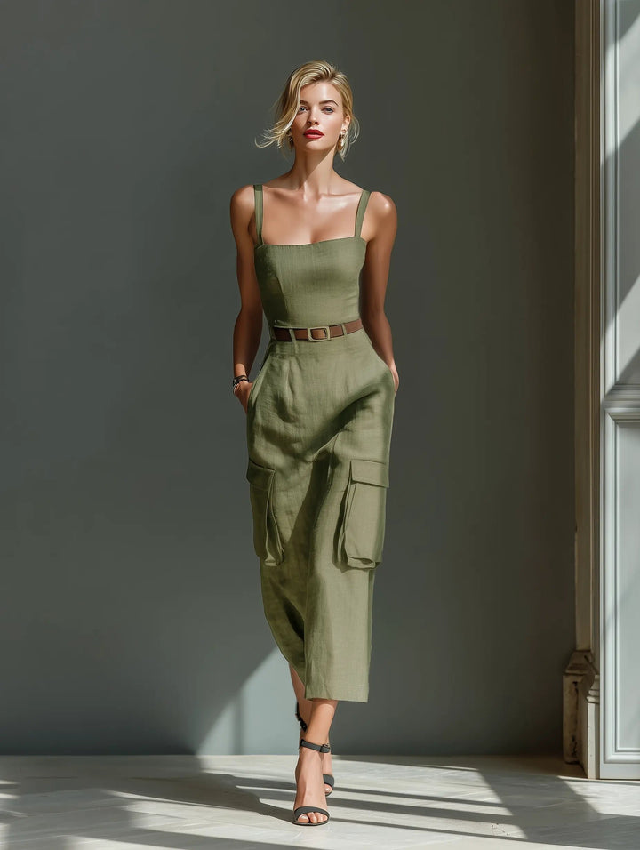 Dames Linen Midi Jurk met Cargo Zakken en Riem