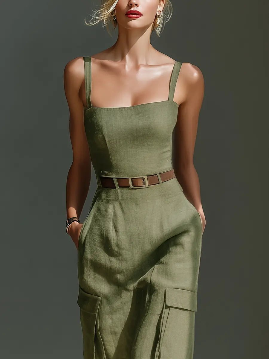 Dames Linen Midi Jurk met Cargo Zakken en Riem