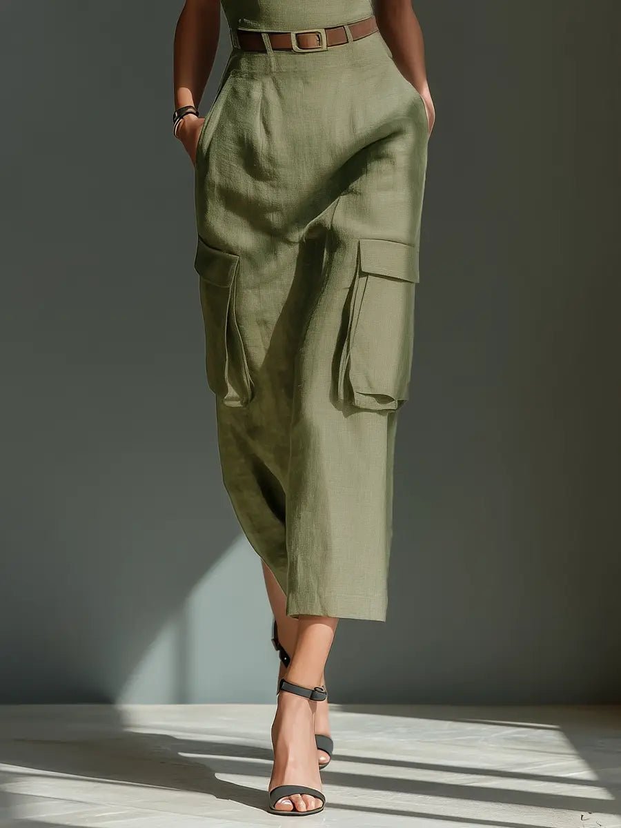 Dames Linen Midi Jurk met Cargo Zakken en Riem