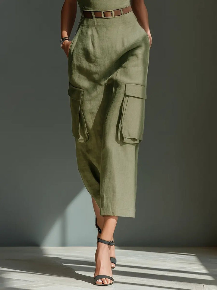 Dames Linen Midi Jurk met Cargo Zakken en Riem