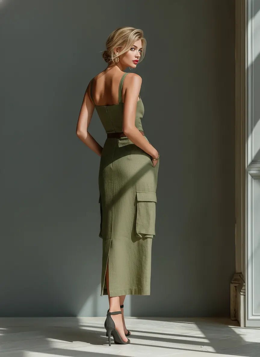 Dames Linen Midi Jurk met Cargo Zakken en Riem
