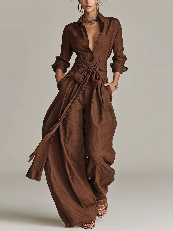Dames Linen Overhemdjumpsuit Lange Mouwen Riem - Brown